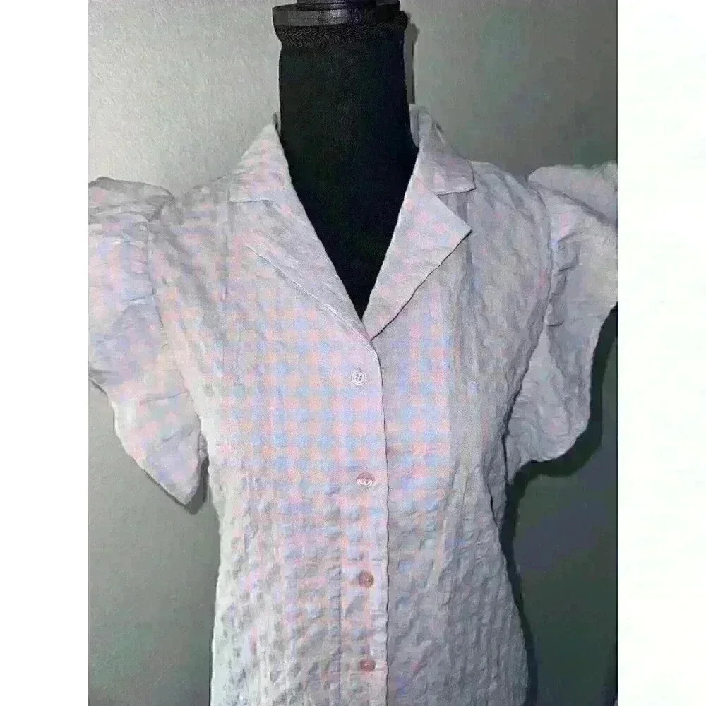 The Shirt Rochelle Behrens Baby Blue & Pink Checkered Collared Dress NWT Size XS - Picture 2 of 8